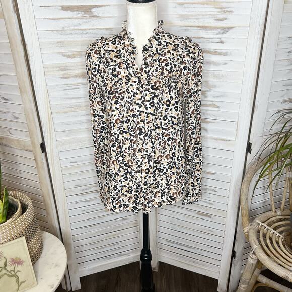 MAEVE | ANTHROPOLOGIE 4 Katia Ruffled Button Front Animal Print Top Brown Black - Picture 3 of 16